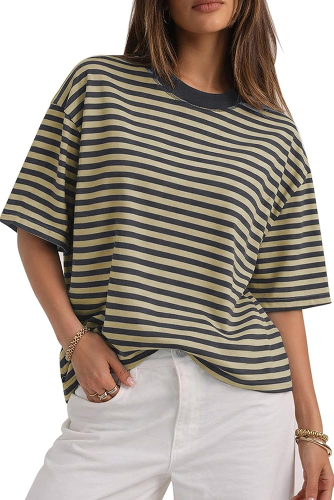 CHYRII Womens Oversized Striped T Shirts Short Sleeve Fashion 2026 Casual Crewneck Summer Y2K Clo... | Amazon (US)