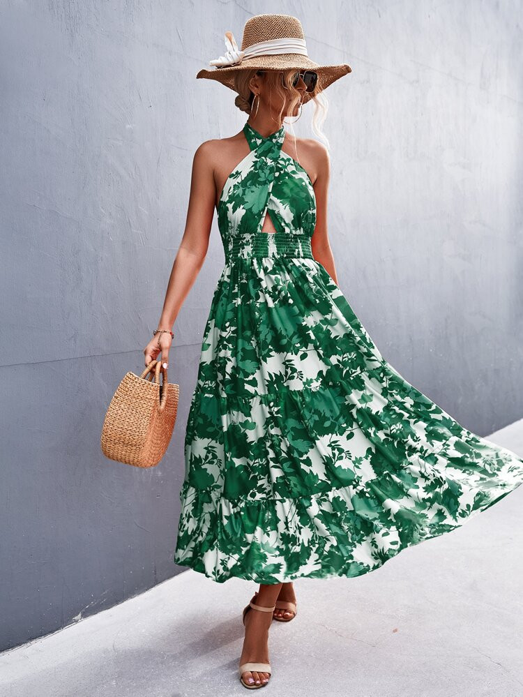 Floral Print Tie Backless Shirred Ruffle Hem Halter Dress | SHEIN