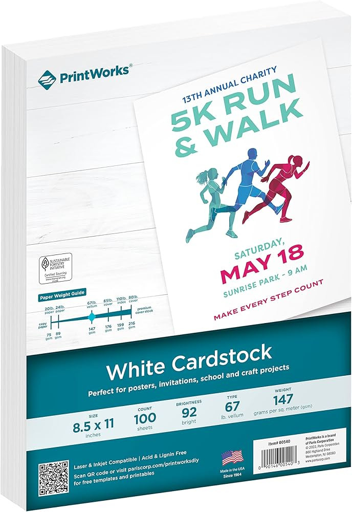 Printworks White Cardstock, 67 lb, 92 Bright, FSC Certified, Perfect for School and Craft Project... | Amazon (US)