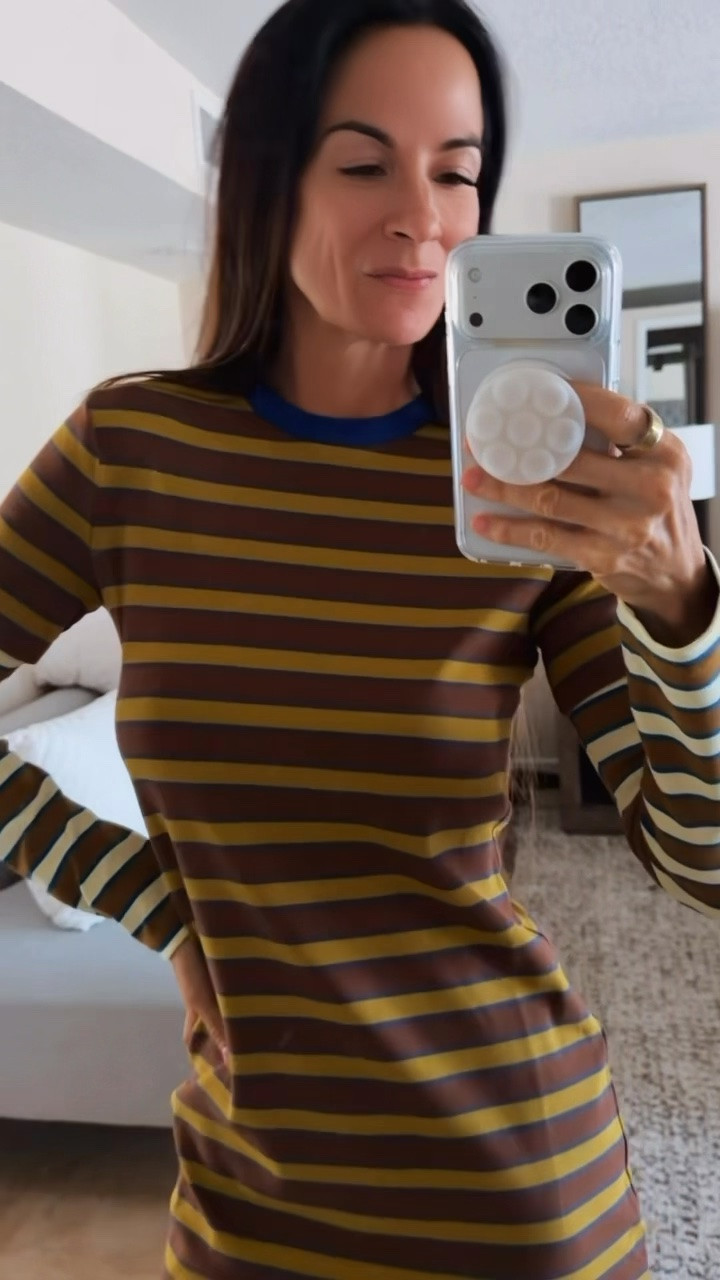 Your favorite T-shirt dress just got the BEST print 🤎💙

She’s comfy, she’s cute, and she makes getting dressed require approximately zero effort—which is exactly the kind of energy I’m bringing into the weekend. 😂

The mixed stripes, contrasting sleeves and little pop of blue trim make this so much more fun than your average throw-on-and-go dress. Just add sneakers, boots or a great loafer and pretend you tried really hard. 😉

Wearing XS

#TShirtDress #CasualStyle #EffortlessStyle #Over40Style #NicoleColeeStyle

#LTKdayinmylife #LTKgrwm #LTKootd