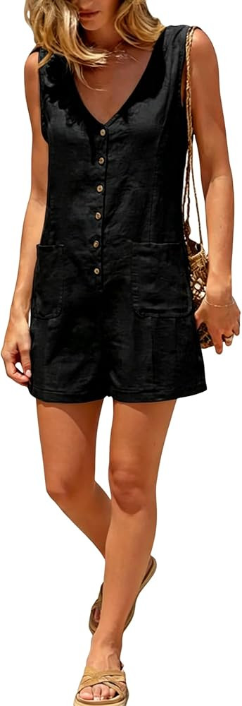 Yeokou Womens Overall Button Down Jumpsuits Cotton Linen Sleeveless Casual Wide Legs Romper Short... | Amazon (US)