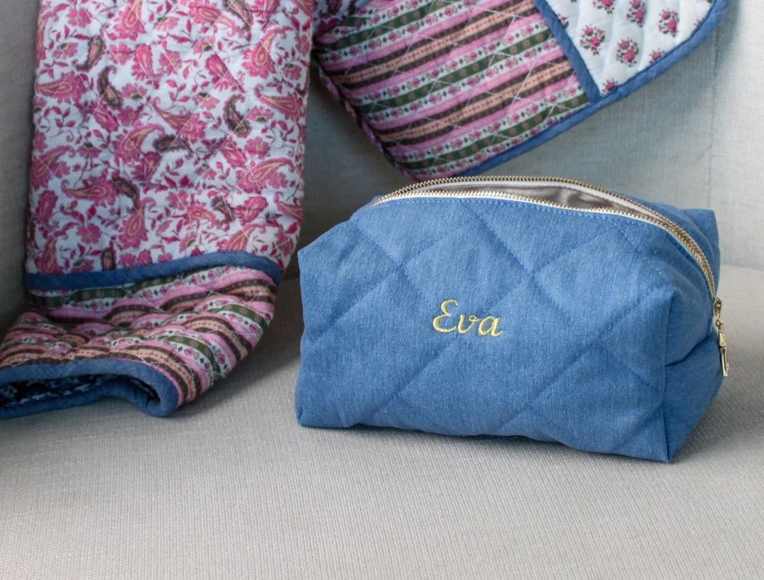 Custom Makeup Bag, Quilted Denim Makeup Bag With Personalization, Toiletry Bag With Name, Travel ... | Etsy (US)