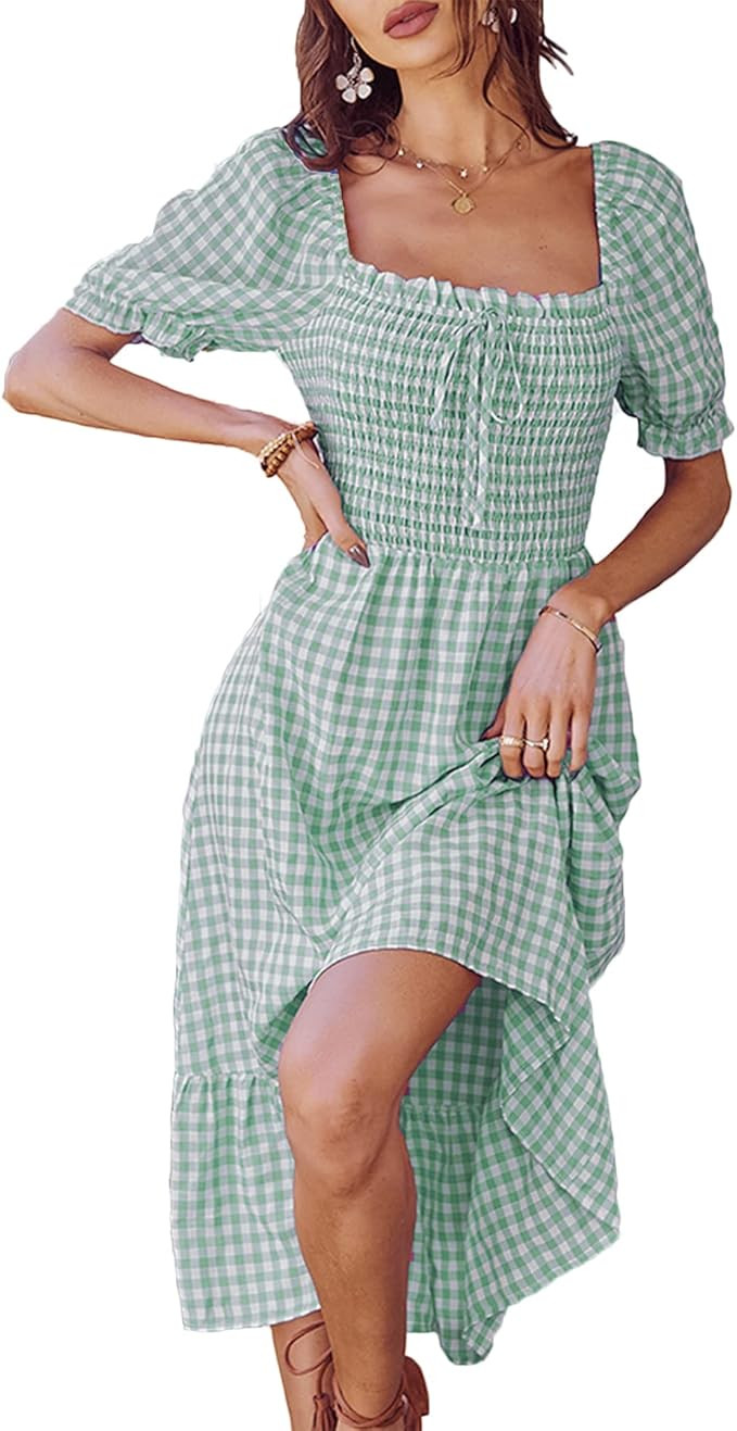 Beaufident Women's Boho Tie Back Dress Back Bow Summer Plaid Dress Elastic Square Neck Backless B... | Amazon (US)