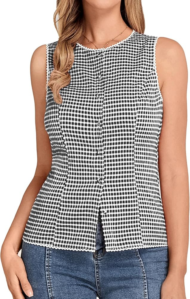 Belle Poque Vintage Gingham Tops for Women Crew Neck Sleeveless Button Down Tank Top Summer Casua... | Amazon (US)