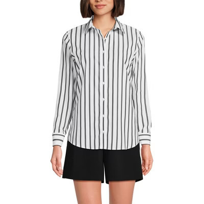 Lands' End Women's No Iron Button Front Shirt - 12 - Black Dual Stripe | Target