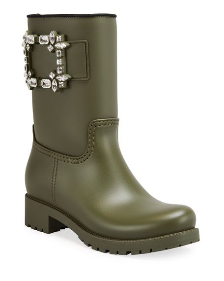 Roger Vivier Viv Run Buckle Rain Boots, Green | Neiman Marcus