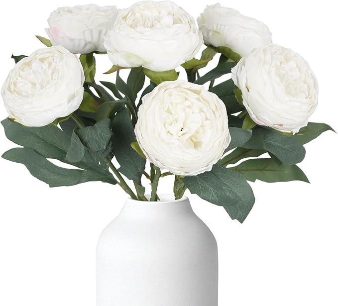 White Peonies Artificial Flowers,6PCS Vintage Faux Peony Flowers 19.7" Silk Peonies with Stems fo... | Amazon (US)