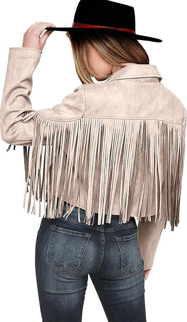 Women's Fringe Faux Suede Leather Jackets 2023 Fashion Tassel Motorcycle Cropped Coats | Amazon (US)