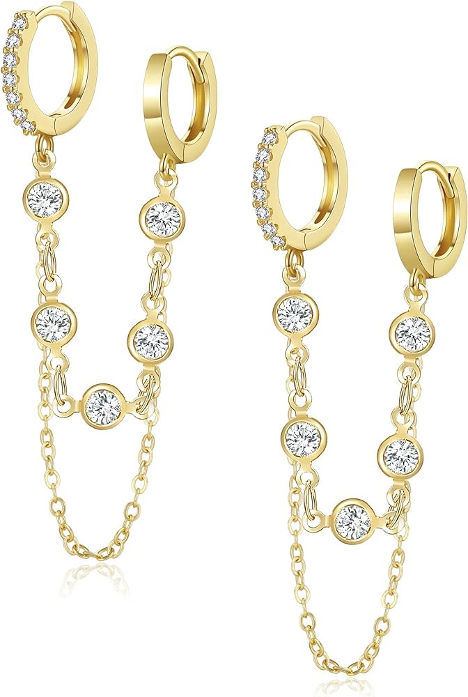 Shownee Tassel Chain Small Gold Hoop Dangle Earring For Women Girl Huggie Earring Heart Star CZ 1... | Amazon (US)