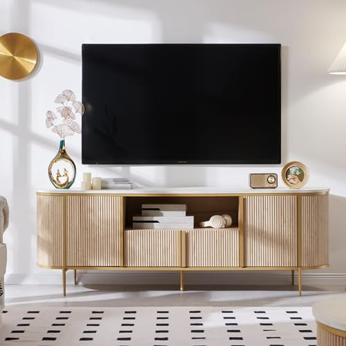 OKD Luxury 70" Fluted TV Stand, Modern Chic Entertainment Center for TVs Up to 80 inches, TV Console with Faux Marble Top, Curved Profile Design, Media Console for Living Room, Natural Oak | Amazon (US)
