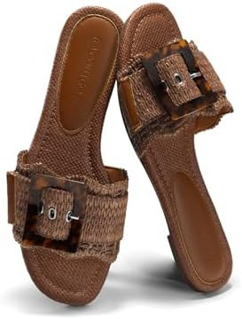 Coutgo Womens Flat Sandals Raffia Slip On Slide Sandal Square Open Toe Buckle Summer Beach Shoes ... | Amazon (US)
