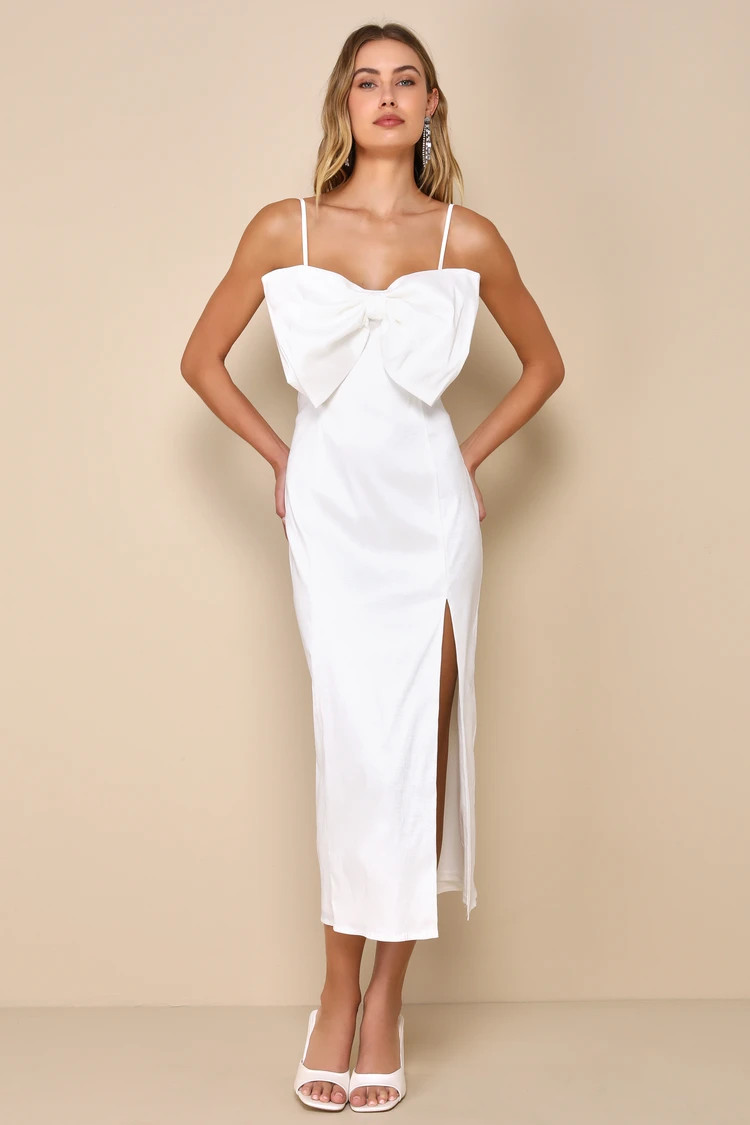 Statement Sweetie White Taffeta Sleeveless Bow Midi Dress | Lulus