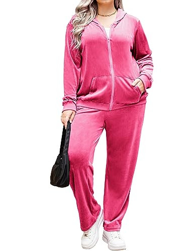 IN'VOLAND Women's Plus Size Sweatsuit Velour Zip Up Hoodie Sets 2 Piece Jogging Suits Long Sleeve Tracksuits With Pocket | Amazon (US)
