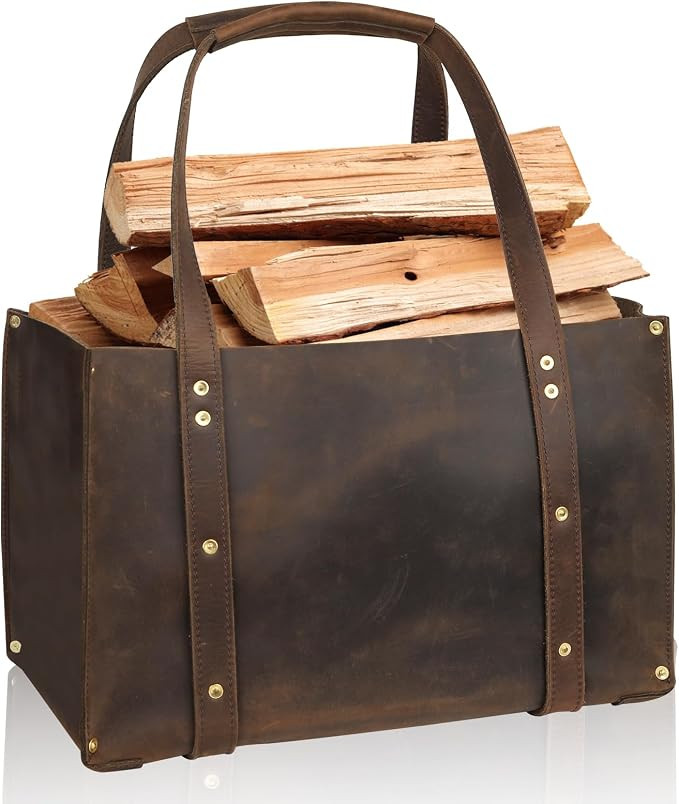 Woodman's Premium Cowhide Leather Log Carrier, Handcrafted Heavy-Duty Firewood Bag for Outdoor Ca... | Amazon (US)