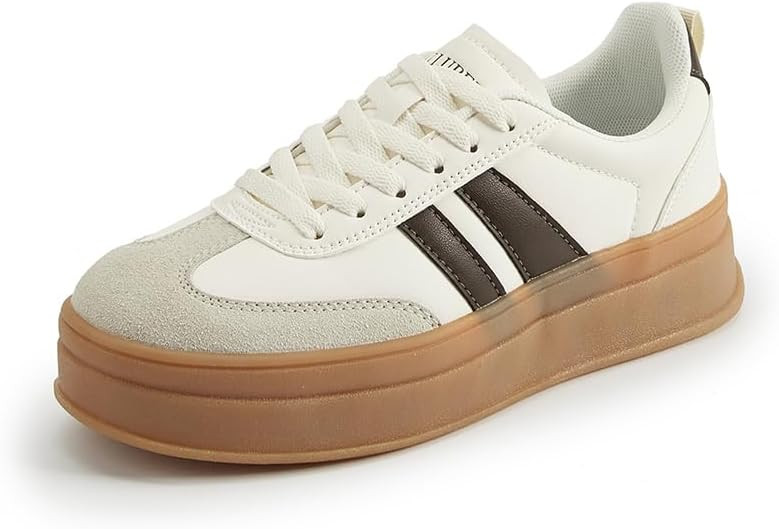 Women's Chunky Platform Sneakers - Retro Vintage Leather Casual Tennis Shoes- Thick Rubber Gum So... | Amazon (US)