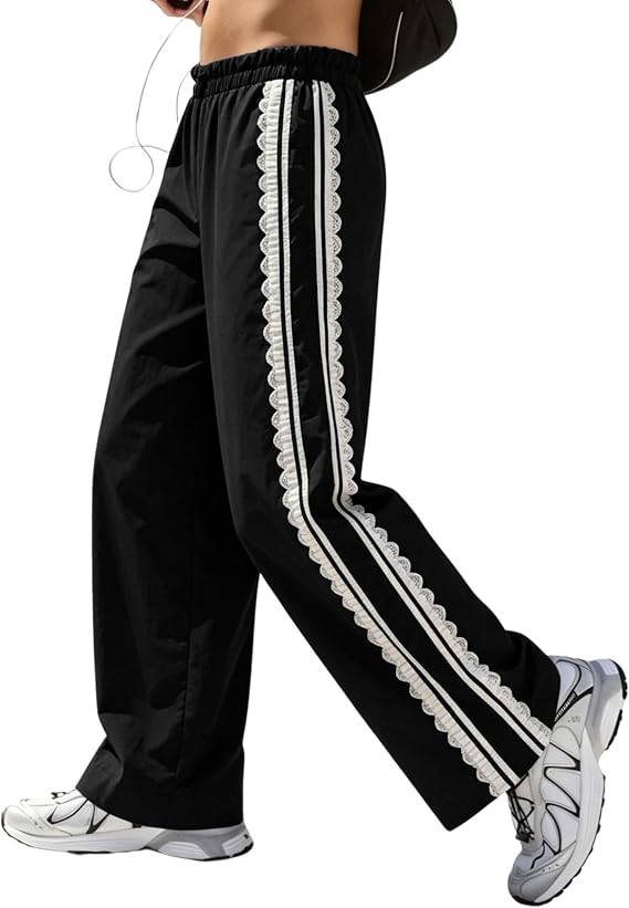 MINSURE Women's Baggy Wide Leg Track Pants Lace Side Stripe Elastic Waist Drawstring Hiking Pants... | Amazon (US)