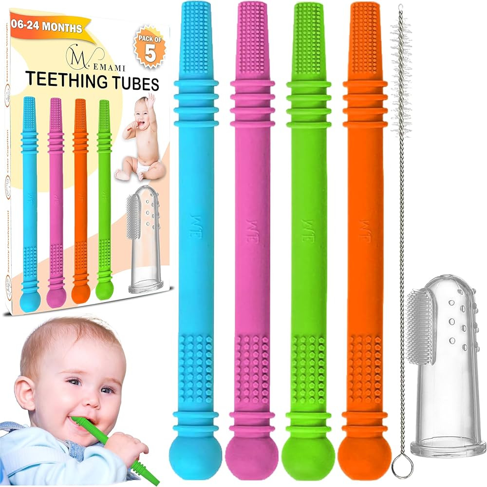 Baby Teether Tubes - Pack of 4 Hollow Teething Sticks with 1 Cleaning Brush & Toothbrush - 100% F... | Amazon (US)