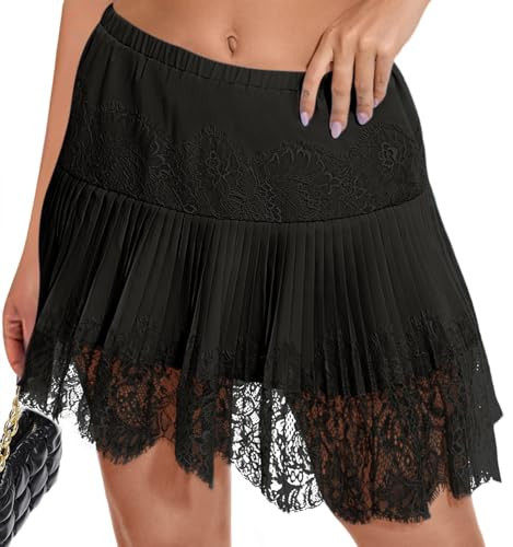 LOMON Women's Mini Lace Slip Skirt for Layering Black Pleated Ruffle Skort Y2k Flowy Coquette Summer Skirts Frilly Under Skirt L | Amazon (US)