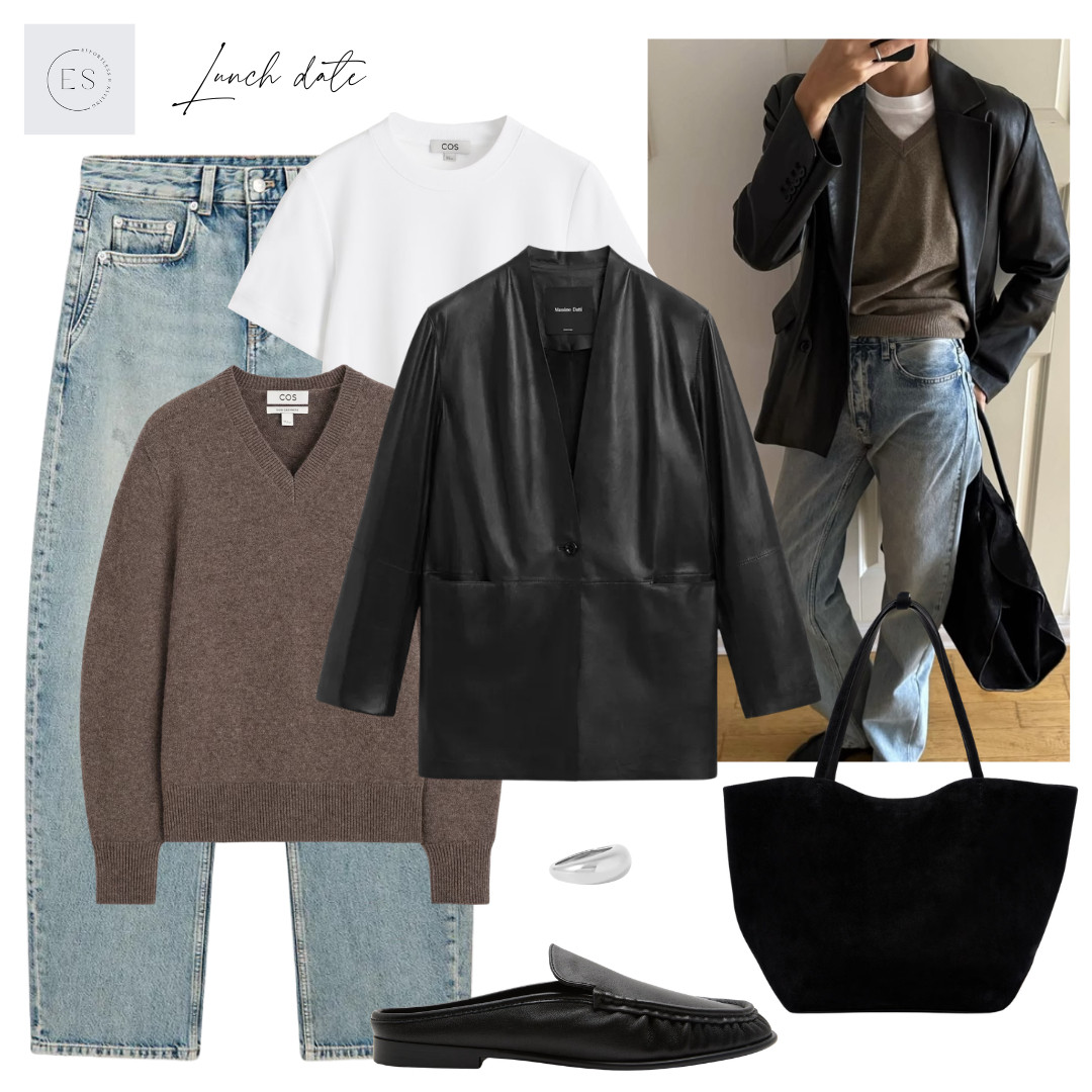 Smart casual Autumn outfit. 

Black leather blazer, white t-shirt, blue barrel leg jeans, black suede tote bag, black leather backless loafers, light brown sculpted v neck cashmere jumper, silver ring.  

 #LTKuk #LTKautumn #LTKjeans