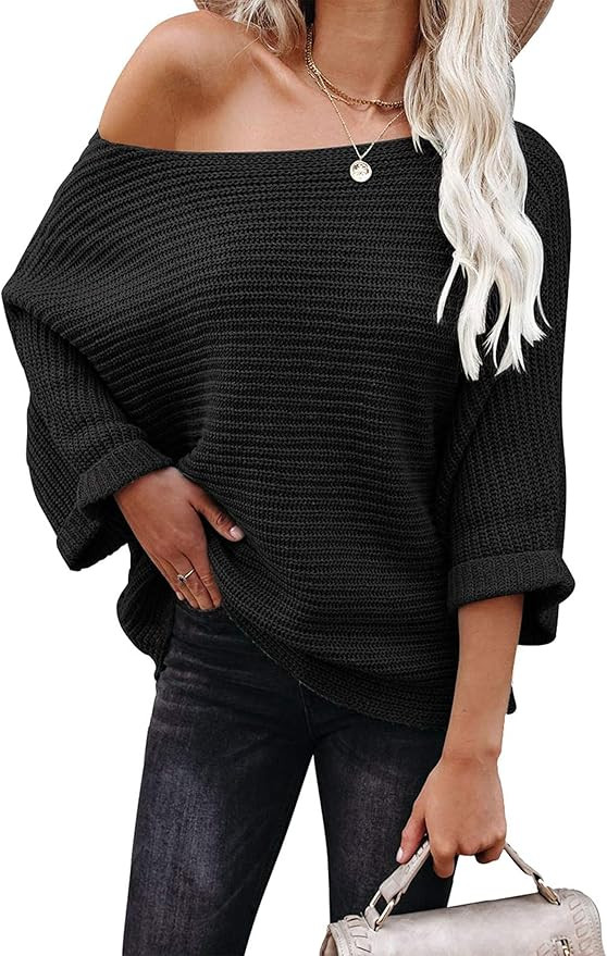 KIRUNDO 2023 Fall Winter Women's Off Shoulder Sweaters Batwing 3/4 Sleeve Casual Loose Fit Solid ... | Amazon (US)