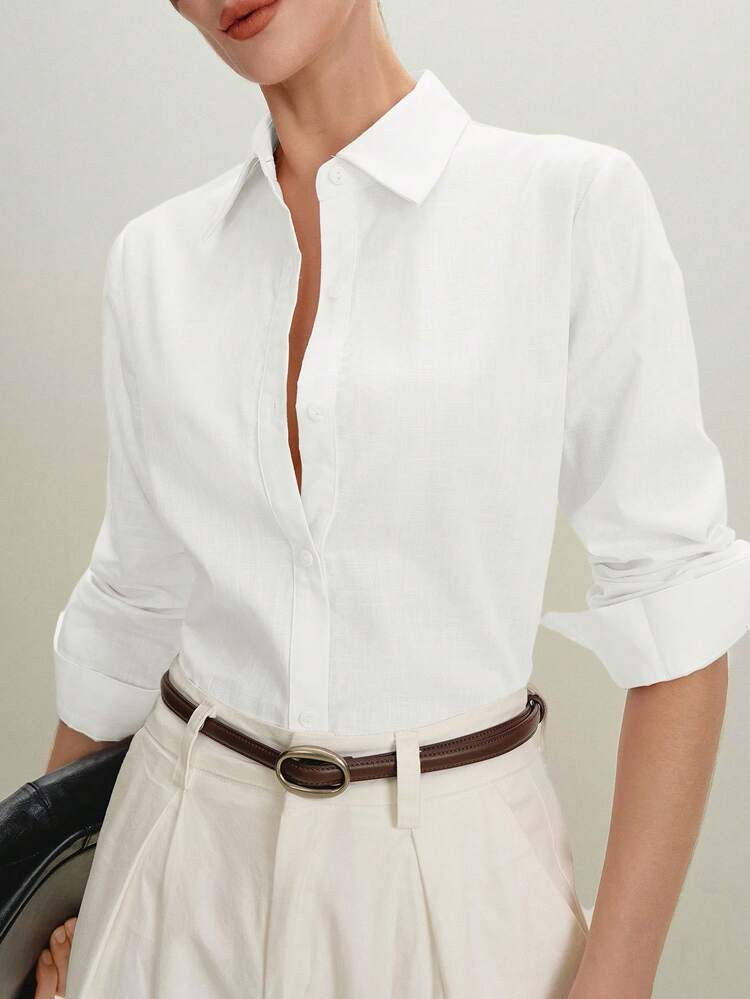 BizChic White Lapel Front Button Up Shirt, Minimalist Elegant All-Match Versatile Blouse For Women, Suitable For Commuting, Daily Wear, Romantic 90s Vintage, Christmas, New Year, Valentine's Day Party, Beach, Graduation, Fashion, Festivals, Weddings, Dates, Parties, Concerts, Brunch, Airport | SHEIN