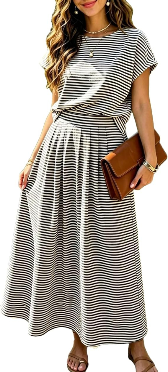 Womens 2 Piece Skirts Sets Striped Cap Sleeve Cropped Tops Elastic Waist Midi Dress Lounge Travel... | Amazon (US)