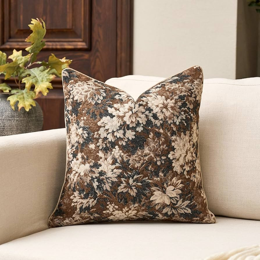 Yangest Neutral Floral Pillow Cover 18 x18 Inches, Vintage Chenille Square Throw Pillow Cover Sof... | Amazon (US)
