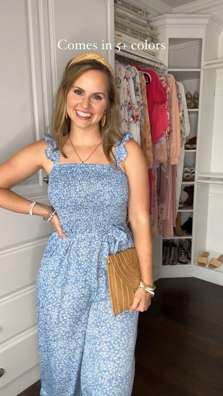 Amazon jumpsuit! 
Vacation look. Travel outfit. Smocked ruffle sleeve wide leg pant romper. Jumpsuits. Amazon jewelry. Straw bag clutch. Sandals. 

#LTKSeasonal #LTKtravel #LTKFind