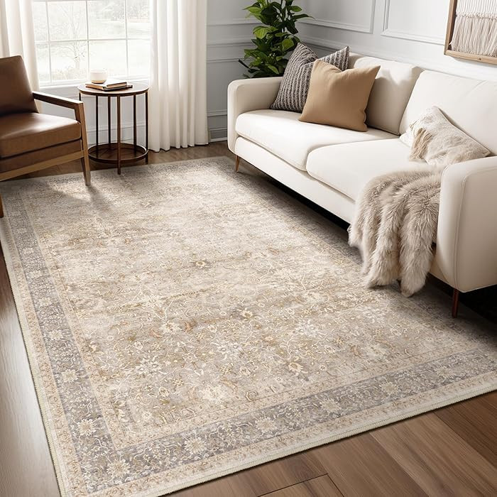 Washable Neutral 5x8 Area Rugs, Vintage Farmhouse Earth Tone Beige Taupe Carpet for Living Room B... | Amazon (US)