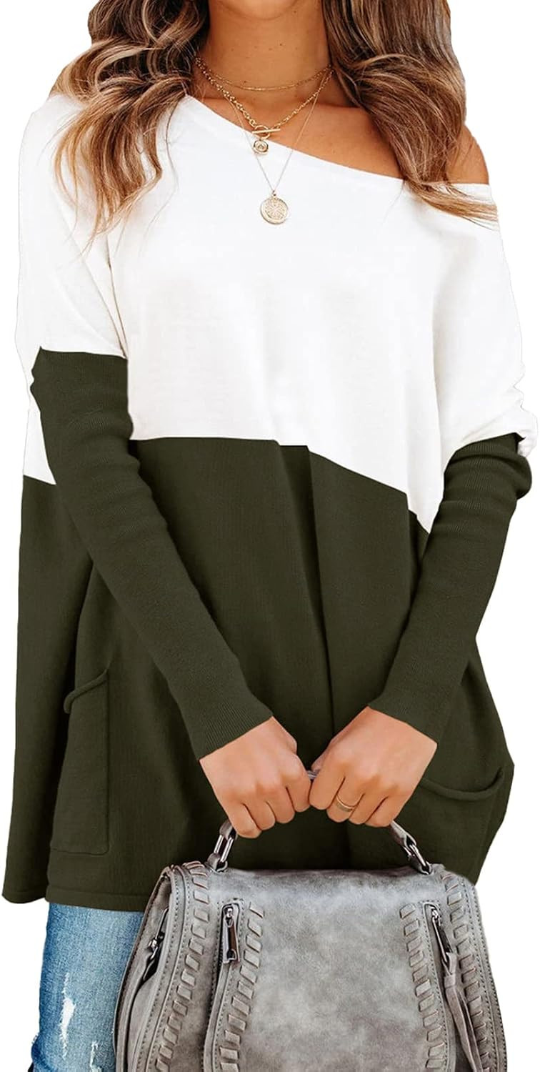 PRETTYGARDEN Women’s Causal Loose Sweater Color Block Knit Pullover Off Shoulder Comfy Jumper T... | Amazon (US)
