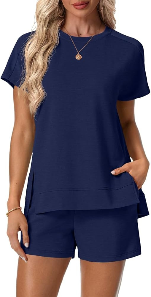 Lepunuo 2 Piece Short Sets for Women Summer Outfits Short Sleeve Tops Elastic Waist Shorts Lounge... | Amazon (US)
