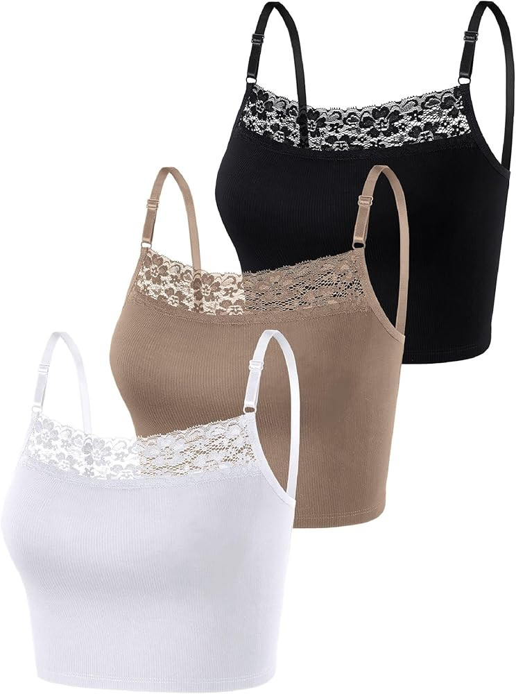 Bencailor 3 Pieces Lace Camisole Crop Top Lace Half Cami Breathable Basic Cami Spaghetti Tank Top... | Amazon (US)