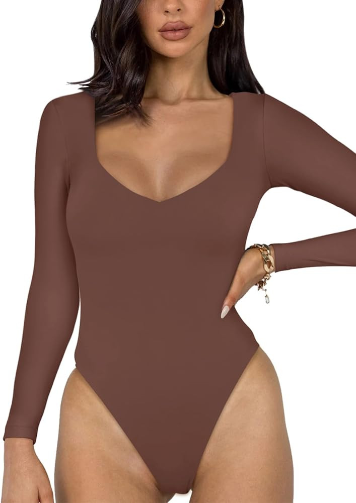 REORIA Women's Basic Sexy V Neck Double Lined Long Sleeve Slimming Going Out Thong Bodysuits Tops | Amazon (US)
