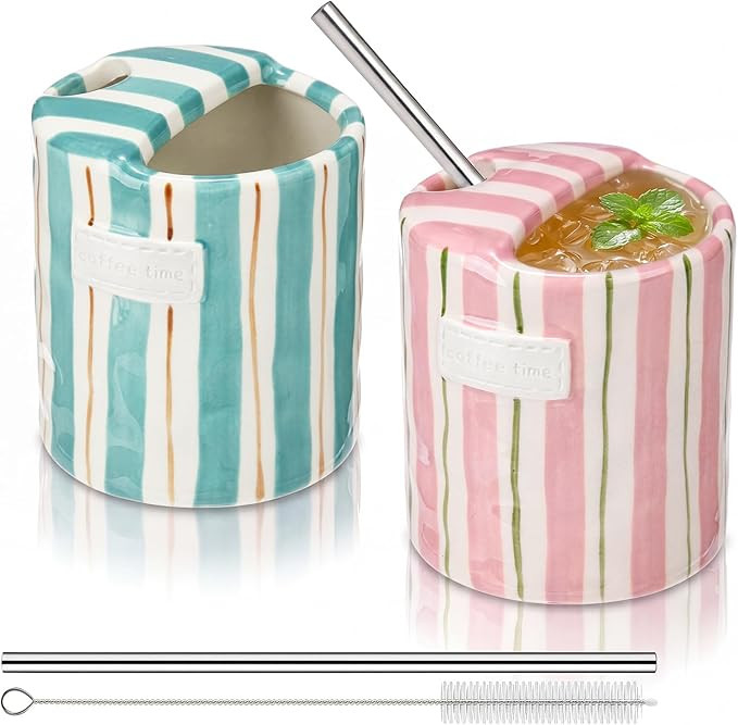 2 Pack Ceramic Coffee Mug with Sip Hole Espresso Cup 10oz with Straws Retro Hand Painted Striped ... | Amazon (US)