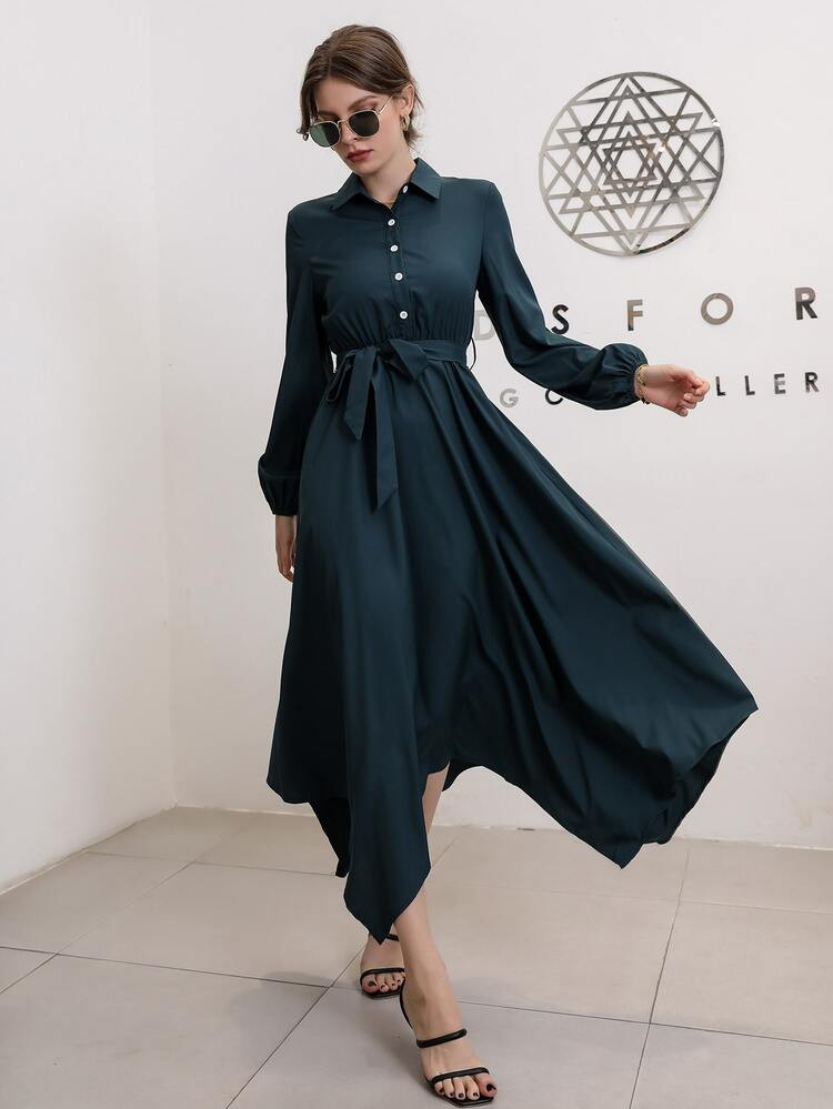 Solid Hanky Hem Shirt Dress | SHEIN