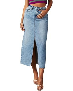 lisenraIn Women Long Denim Skirt Front Slit Maxi Skirt Y2K Fashion Streetwear High Waist Jean Ski... | Amazon (US)