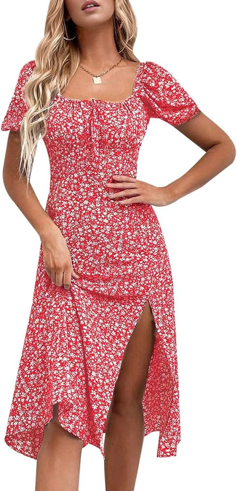 SPRIME Women's Floral Summer Casual Dress Square Neck Puff Sleeve Boho Midi Dresses Ruched Bust H... | Amazon (US)