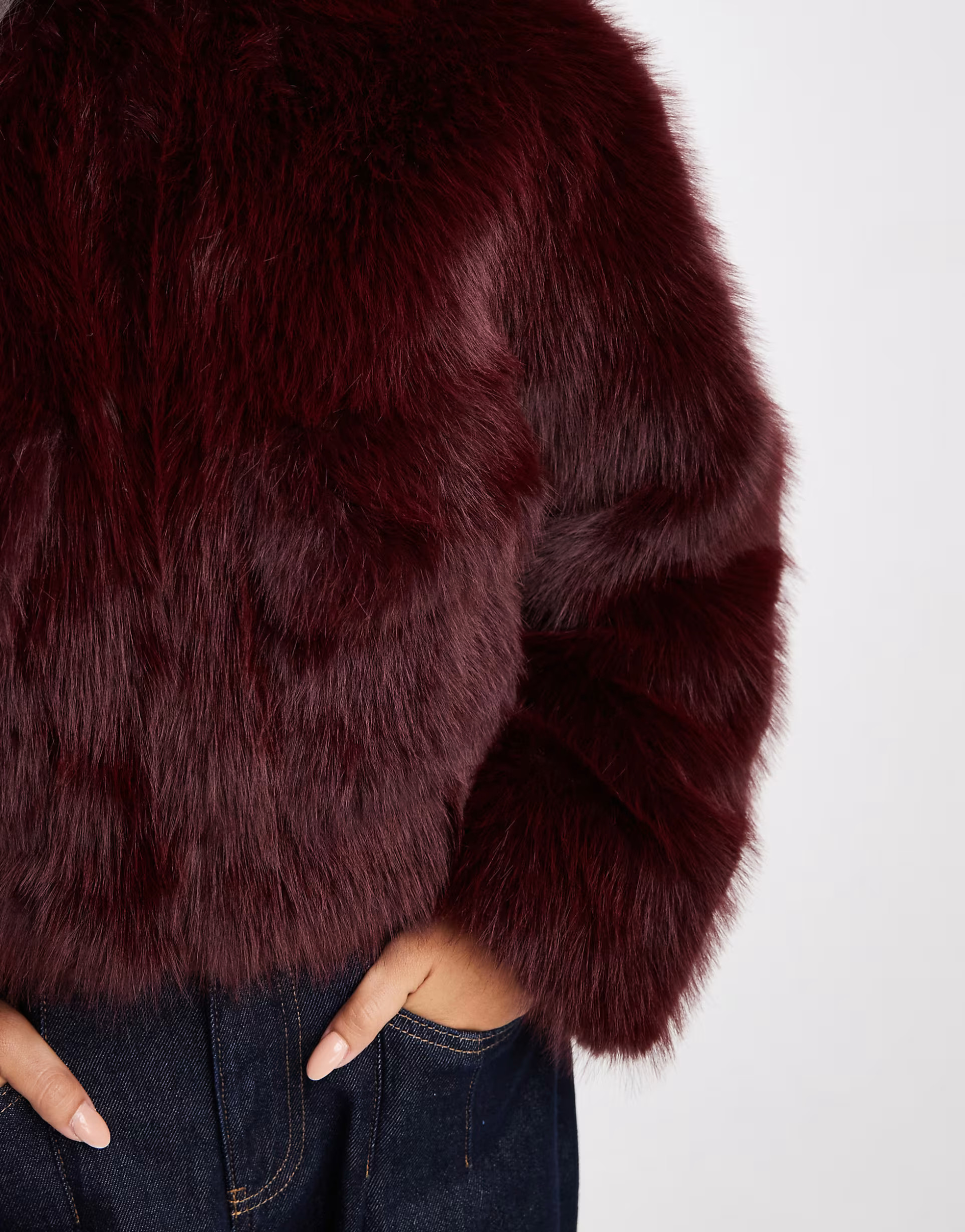 4th & Reckless faux fur cropped collarless jacket in burgundy | ASOS (Global)