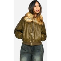 boohoo Women's Faux Fur Collar Vintage Look Faux Leather Bomber Jacket in Brown | Size: 4 | Faux Leather/Polyurethane | boohoo (US & Canada)