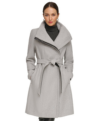 DKNY Women's Asymmetrical Belted Funnel-Neck Wool Blend Coat - Macy's | Macy's
