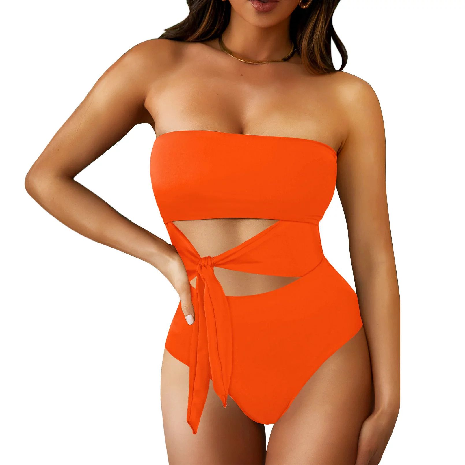 Pink Queen Women's Strapless Cutout One Piece Swimsuit Tie Waist High Cut Bathing Suit Orange S | Walmart (US)