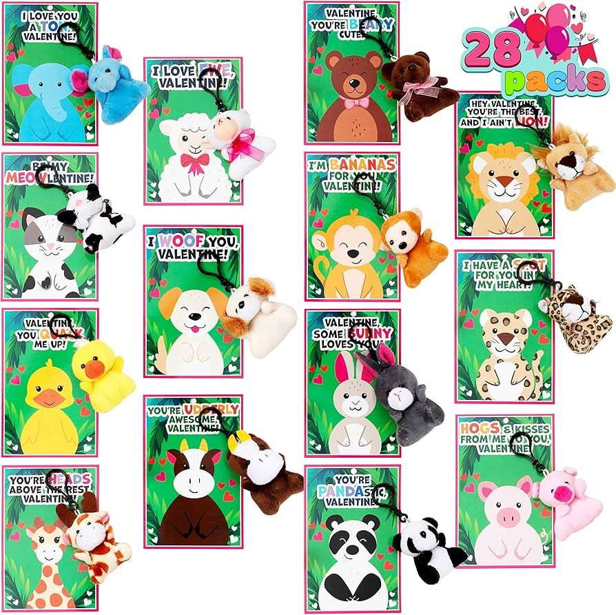 JOYIN 28 Pack Valentines Day Gifts Cards for Kids with Animal Plush Toy Key Chain Stress Relief F... | Amazon (US)