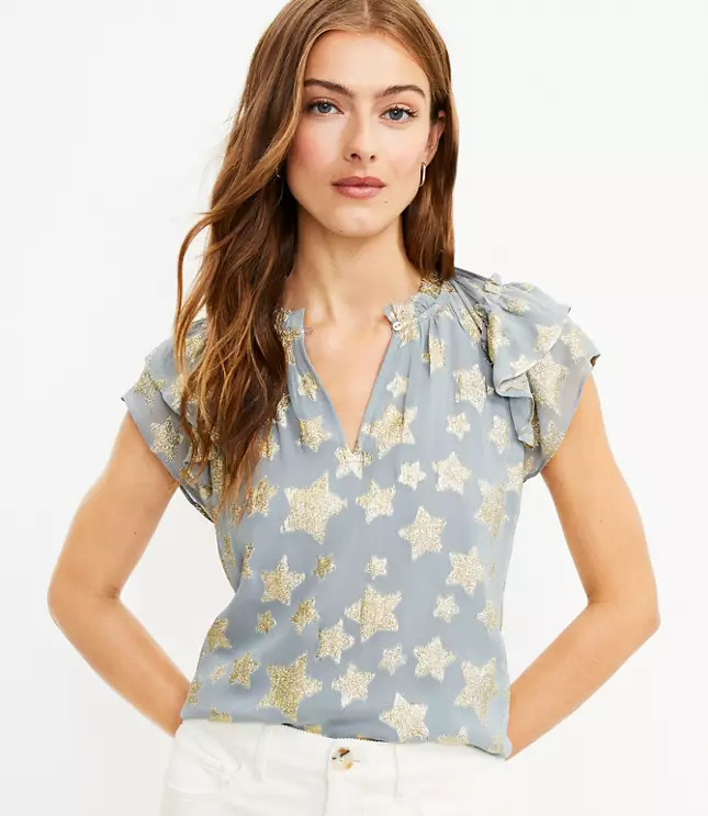 Shimmer Star Ruffle Sleeve Split Neck Shell | LOFT