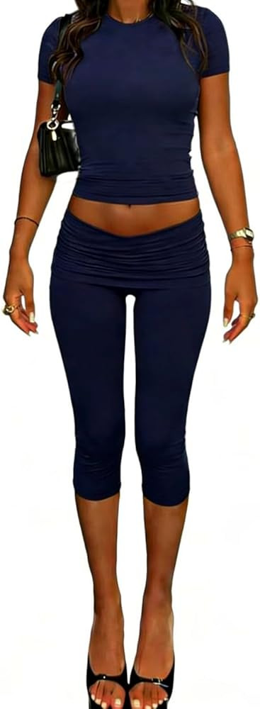 ZFLM casual sports women's two-piece set with short sleeves exposed navel high waistfoldable crop... | Amazon (US)