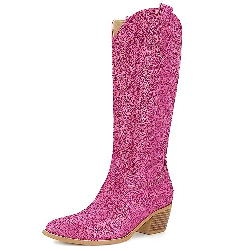 SOVANYOU Women's Pink Rhinestone Cowboy Boots Pointed Toe Block Heel Knee High Boots with Side Zipper | Amazon (US)