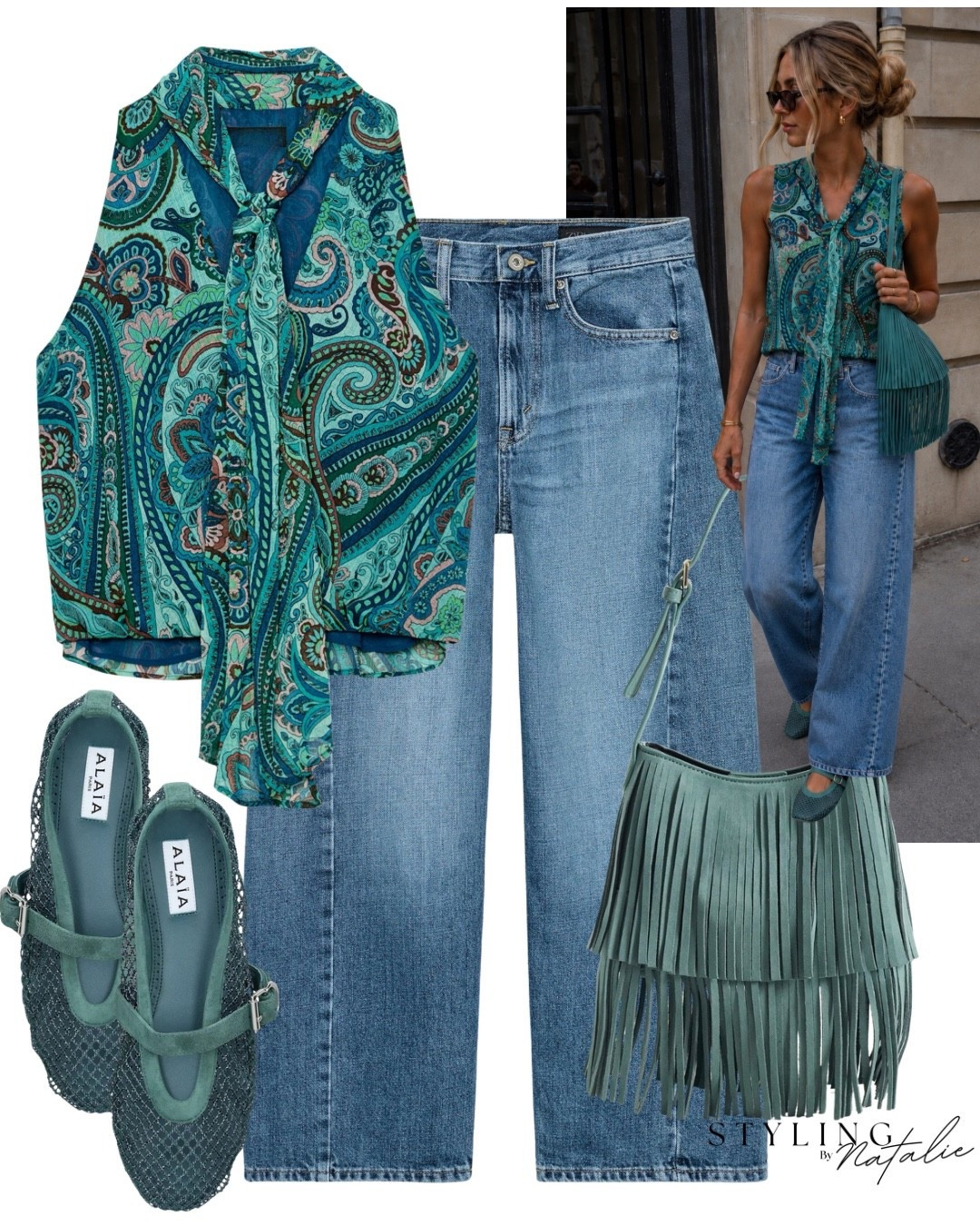Turquoise paisley print scarf top, wide live jeans dark denim, turquoise Alaïa mesh ballet flats, turquoise suede fringe bag. Causal chic, everyday style, transitional outfit, summer outfit, autumn look, elevated casual @Zara

#LTKuk #LTKFashionMonth #LTKeurope