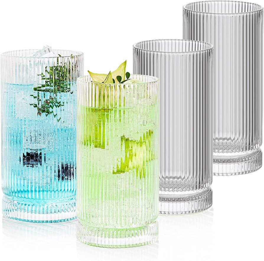 16oz Ribbed Glassware, Vintage Drinking Glasses Set of 4, Cocktail Glass Cups, Elegant Tom Collin... | Amazon (US)