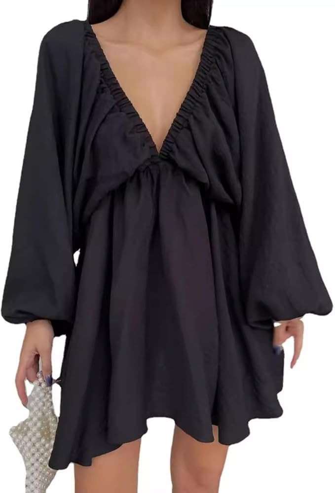 Women's Sexy V-neck Long Sleeve Dress Design Bubble Sleeve Big Skirt Loose Flowy Mini Short Dress | Amazon (US)