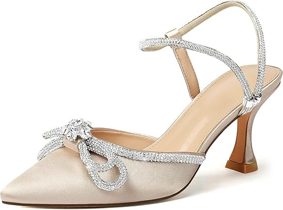 Susanny Women's Closed Toe Rhinstone Wedding Low Heel Slingback Clear Kitten Heels,Adjustable Str... | Amazon (US)