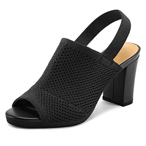 mysoft Women's Knit Chunky Block High Heels Elastic Slingback Open Toe 3 Inch Heeled Sandals,Black,9.5 US | Amazon (US)